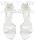 Lace Wedding Shoes for Bride Pearl Heels Bridal Shoes Block Heel Wedding Sandals