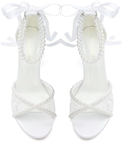 Lace Wedding Shoes for Bride Pearl Heels Bridal Shoes Block Heel Wedding Sandals