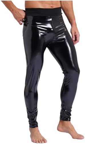 Vxuxlje Men's Patent Leather High Waist Long Pants Elastic Waistband Slim Fit Trouser Clubwear