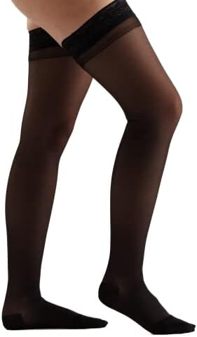 EvoNation Women's USA MadeThigh High Graduated Compression Stockings, 20-30 mmHg – Firm Pressure Sheer Socks, Lace Top Support Hose