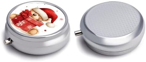 Santa Hat Gift and Merry Christmas Pill Organizer Round Pill Box Small Pill Case with 3 Compartment Travel Pill Container Portable Medicine Box Metal Medicine Organizer Medication Holder