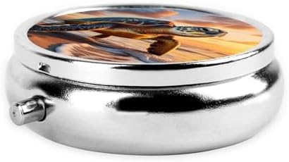 ZhongGuo sea Turtle Sunset Printed Pill Organizer,Round Travel Pill Organizer Mini Medicine Pill Box for Purse Iron Plating