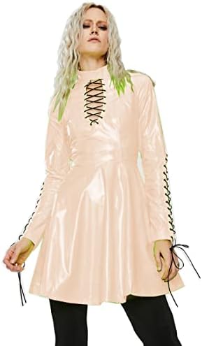 Women PVC Long Sleeve Dress Vinyl Hollow Out A-Line Dress High Waist Above Knee Mini Party Dress,Apricot,L