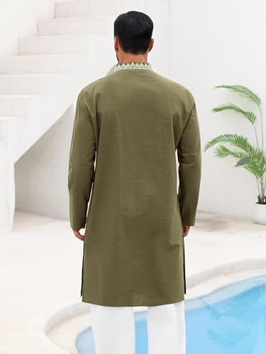 Runcati Mens Kaftan Thobe Cotton Henley Shirt Long Sleeve Embroidery Robe Casual Kurta Muslim Gown Shirt