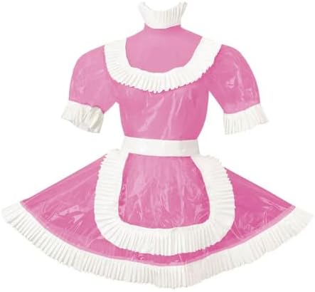 Men Sissy Crossdresser Clear PVC Short Puff Sleeve Pleated A-Line Lolita Maid Dress for Role Play Theme Party