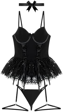 Mixxmix Women Sexy Lingerie Set Naughty Lace Up Corset Bodysuit Underwire Lingerie Babydoll With Garter Belt and Bow Tie