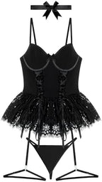 Mixxmix Women Sexy Lingerie Set Naughty Lace Up Corset Bodysuit Underwire Lingerie Babydoll With Garter Belt and Bow Tie