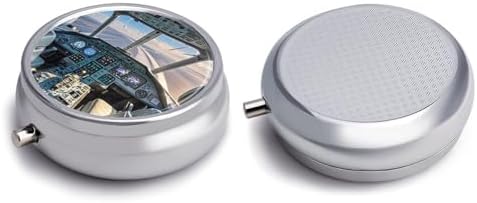 Airplane Cockpit Pill Organizer Portable Metal Round Pill Box with 3 Compartments Exquisite Unique Small Pill Case Travel Pill Container Medicine Organizer Box for Adult & Gift