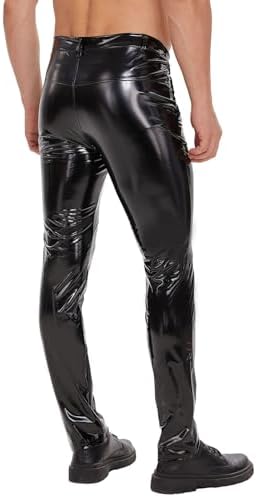 Mens Shiny Leather Pants, Sexy Zipper Open Crotch, Wetlook, Glossy Casual Trousers, Black