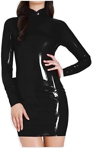Black Sexy Latex Dress with Collar Long Sleeves Back Full Zipper Rubber Bodycon Playsuit,Black,XX-Large