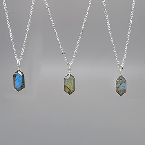 Gempires Blue Labradorite Hexagon Pendant Necklace, Labradorite Pendant, Labradorite Healing Crystal, Gift for Her, Gemstone Jewelry 18 inch Adjustable Silver Plated Chain, AAA+ Quality