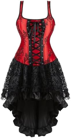 Jutrisujo Corsets for Women Bustiers Overbust Dress Top Skirt Set Halter Zipper Brocade Floral Plus Size Black