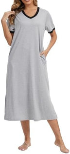 Cotton Nightgowns for Women Soft Short Sleeve Long Sleepwear with Pockets