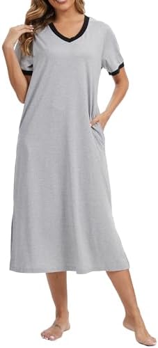 Cotton Nightgowns for Women Soft Short Sleeve Long Sleepwear with Pockets