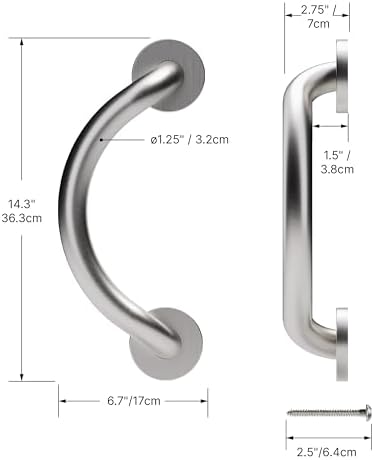 HEALTHCRAFT Plus Series Crescent Grab Bar for Shower Safety. 14.3 inch | Wall-Mounted Stainless Steel Handrail for Seniors, ADA Compliant Bathroom Support, 500 lbs Capacity, Brushed Stainless