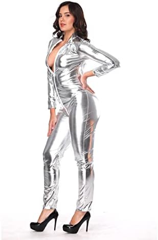 6XL Size Wome's Zipper Faux Leather Catsuit Clubwear DS Latex Women with Gloves Fancy Costume Jumpsuit,Silver,4XL