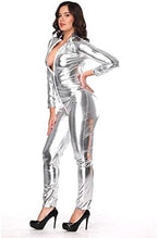 6XL Size Wome's Zipper Faux Leather Catsuit Clubwear DS Latex Women with Gloves Fancy Costume Jumpsuit,Silver,4XL
