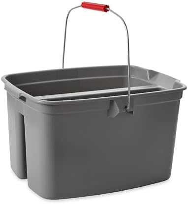 Rubbermaid Commercial Products Double Pail Plastic Bucket for Cleaning Easy to Carry 19 Quart Gray Cleaning Caddy Supplies Organizer with Handle for Bathroom/Kitchen
