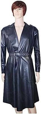 Black Sexy Latex Trench Coats with Belts Pockets Rubber Jacket Robe,Custom Color,Large