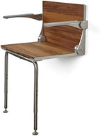 Silhouette Comfort Plus Folding Shower Seat with Armrests & Legs – Heavy-Duty Wall-Mounted Shower Bench, Teak Wood Seat with Silver Frame