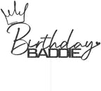 SWEETTALA Birthday Baddie Cake Topper, Funny Happy Birthday Cake Decorations for Women Men Any Age Black Glitter