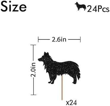 24PCS Border Collie Cupcake Toppers, Funny Dog Cupcake Toppers, Border Collie Cupcake Picks for Birthday, Pet Dog Themed Birthday Party Decoration - Black Glitter