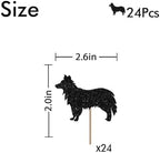 24PCS Border Collie Cupcake Toppers, Funny Dog Cupcake Toppers, Border Collie Cupcake Picks for Birthday, Pet Dog Themed Birthday Party Decoration - Black Glitter