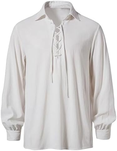 Men Pirate Medieval Renaissance Shirt Long Sleeve Lace up Stand Collar Victorian Viking Halloween Costume Cosplay Top