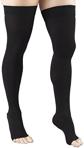 Truform 20-30 mmHg Compression Stockings for Men and Women, Thigh High Length, Dot-Top, Open Toe, Black, Large