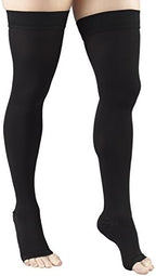 Truform 20-30 mmHg Compression Stockings for Men and Women, Thigh High Length, Dot-Top, Open Toe, Black, Large