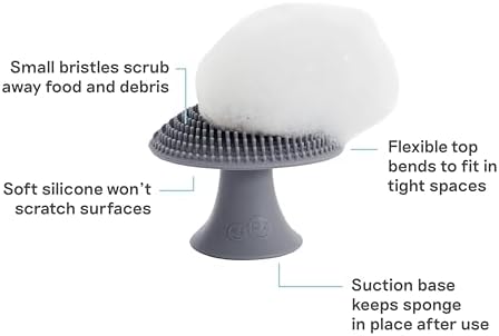 ezpz Mushroom Sponge (Gray) - Odor-Resistant Kitchen Sponge with Soft Bristles, Non-Slip Handle, Suction Base - Gently Cleans Pans, Dishes and Feeding Gear