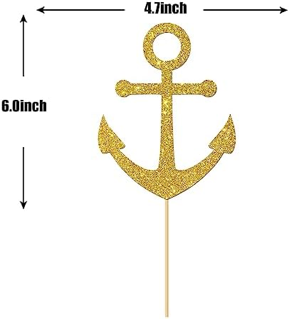 Gold Glitter Ship Anchor Cake Topper - for Baby Shower/Nautical Themed Party/Navy Themed Bon Voyage/Navy Wedding Party Decorations Supplies