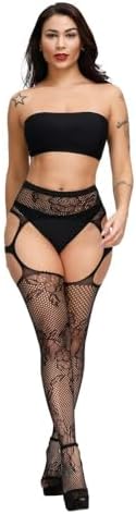 E-Laurels Garter Stockings For Women Thigh High Fishnet Stockings Suspender Pantyhose (Black,1525)