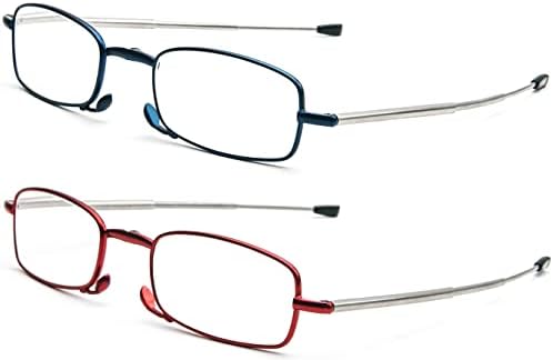 2 Pack Folding Reading Glasses for Men Women with Keychain Compact Bags Blue Light Blocking Portable Pocket Computer Readers,Blue and Red 2.0