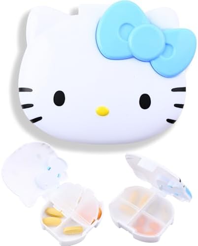Kitty & MyMelody Pill Box - 4 Compartment Weekly Pill Organizer - Fun Medicine Pill Organizer - Durable Travel Pill Case with Snap Closure (Kitty + MyMeloday)