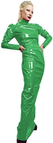 Wetlook PVC Dress Latex Faux Leather Tight Dress Turtleneck Long Sleeve Slim Bodycon Dress,Green,M