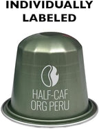 Fresh Roasted Coffee, USDA Organic Peru WP Half-Caf Espresso Pods for Nespresso OriginalLine | 3rd Party Tested for Pesticides, Mold, Mycotoxins | Kosher | 10 Recyclable Aluminum Capsules