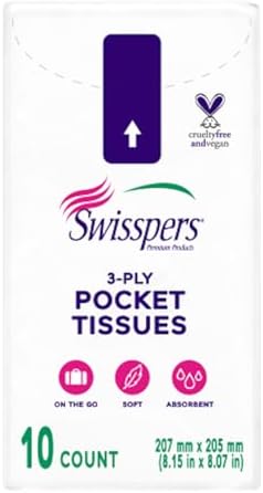 Swisspers Pocket Tissues, 3-Ply White Facial Tissues for Purse, Pocket, Car, Strong & Absorbent, 10 Tissues/Pack, 8 Packs (80 Tissues Total)