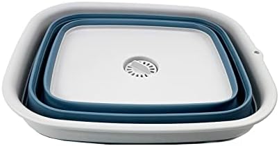 SAMMART 15L (3.9 Gallon) Collapsible Dishpan with Draining Plug - Foldable Washing Basin - Portable Dish Washing Tub - Camping & Space Saving Kitchen Storage Tray (Grey/Steel Blue)