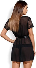 Obsessive Alluria peignoir women's dressing gown thong set short, Black,L/XL