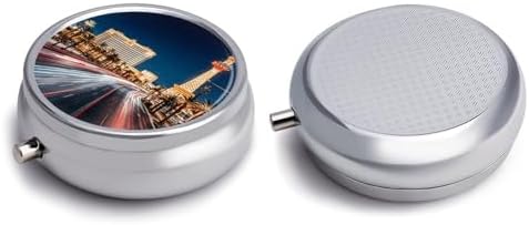 Las Vegas Night Pill Box Small Metal Pill Case for Purse Or Pocket 3 Compartment Pill Organizer Portable Travel Pillbox Mini Pill Container Holder to Hold Vitamins Fish Oil
