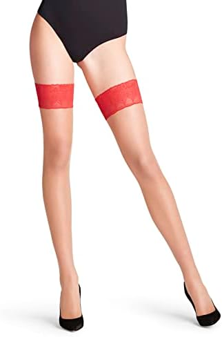FALKE Women's Lunelle 8 Denier Thigh Highs, Non Slip Peacock Feather Lace Band, Ultra-Sheer Transparent, Nylon, Beige