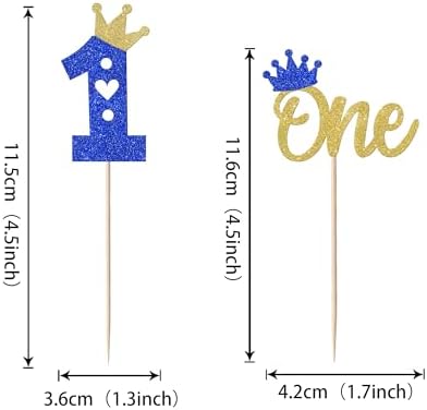 24 Pack First Birthday Cupcake Toppers Glitter One Crown Heart Cupcake Picks Baby Shower 1st Birthday Kids Cake Decorations Party Supplies Blue Gold