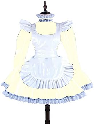 Plus Size Lace Trim Mini Dress Women Long Sleeve Dress with White Apron Valentine Costume,Beige,XXXL