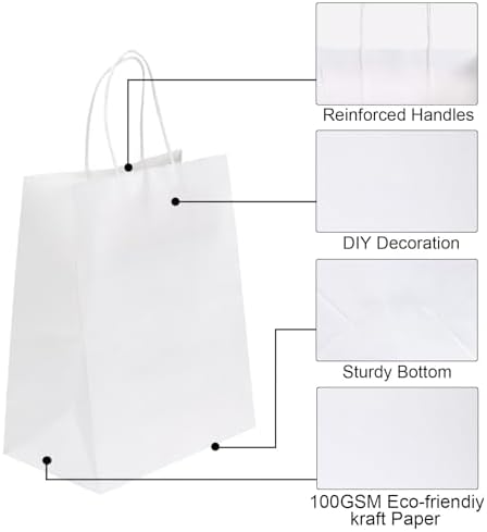 Joybe 50 Pack 8x4.75x10 Inch Medium White Kraft Paper Bags with Handles Bulk, Craft Paper Gift Bags for Party Favors Grocery Retail Shopping Business Goody Merchandise Take Out Blank Sacks (50pcs)