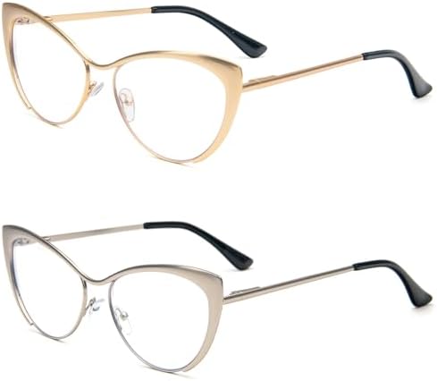 KoKoBin Cat Eye Reading Glasses - 2 Pairs Metal Frame Glasses Spring Hinge Readers with Leather Pouch for Men and Women