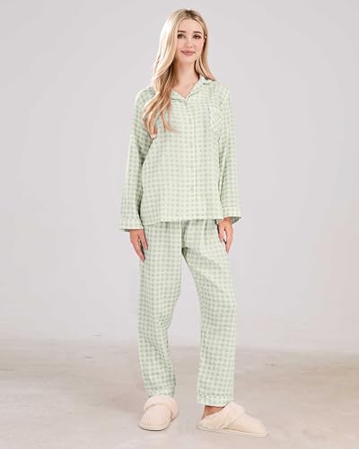 codcm Womens Cotton Pajama Sets Long Sleeve Button Down Shirt and Pants Sleepwear 2 Piece Gingham Pj Set