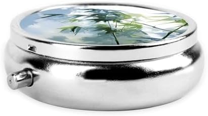 Bamboo Leaves Prints Round Mini Pill Box with 3 compartments for Pill Storage and Portable Travel