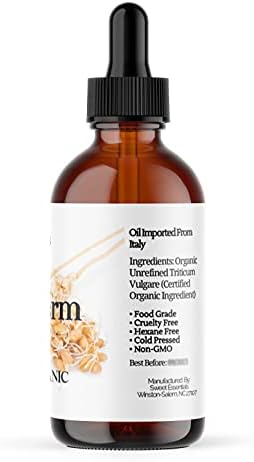 100% Organic Unrefined Wheat Germ Oil | Imported From Italy | 4oz Glass Bottle | 100% Pure - Virgin | Cold-Pressed | Natural Moisturizer for Skin, Hair and Face | Stretch Mark Relief - NON GMO