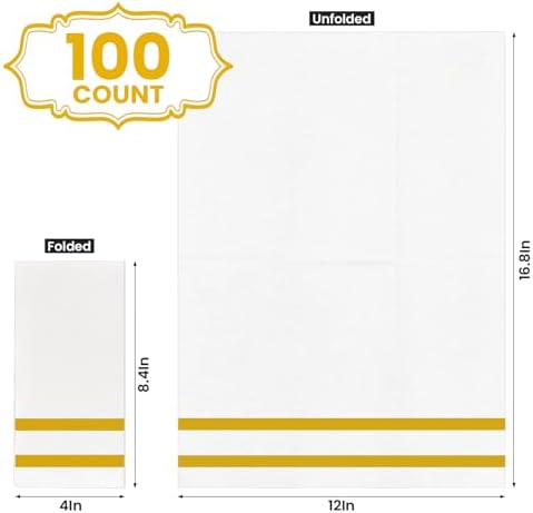 100 Pack Napkins Disposable Guest Towels Linen-Feel Decorative Napkins Soft and Absorbent Dinner Paper Hand Towels for Bathroom Party Powder Room Hotel Fancy Restaurant (100 Gold Line)